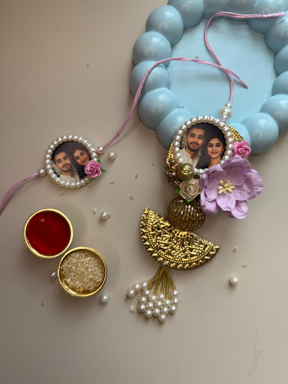 Pearl Bloom Personalized Photo Rakhi & Lumba Set