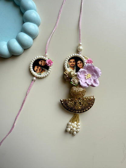 Pearl Bloom Personalized Photo Rakhi & Lumba Set